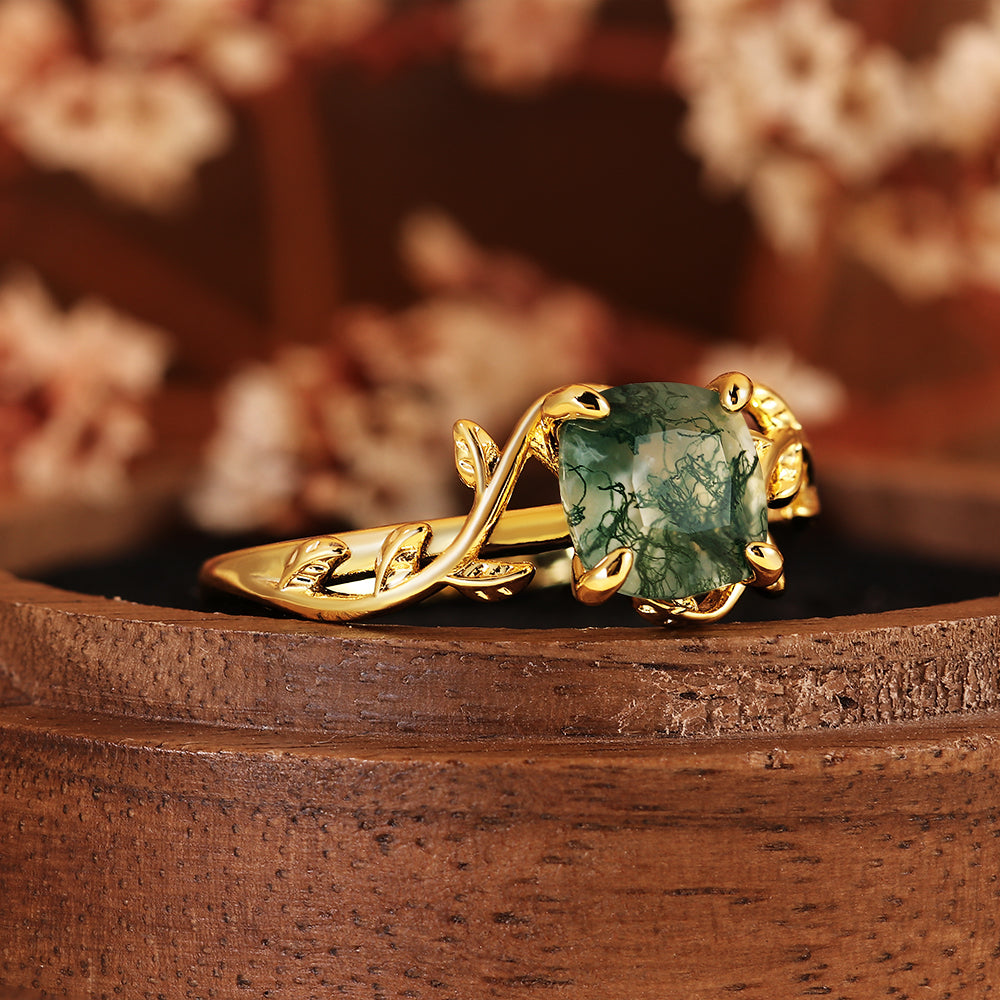 Nature Inspired Leaf Vine Cushion Cut Moss Agate Engagement Ring