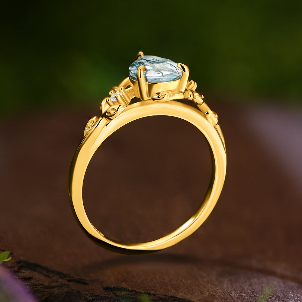 6*8mm Pear Cut Moss Agate  Leaf Leaves Twig Nature Inspired Twisted Engagement Ring