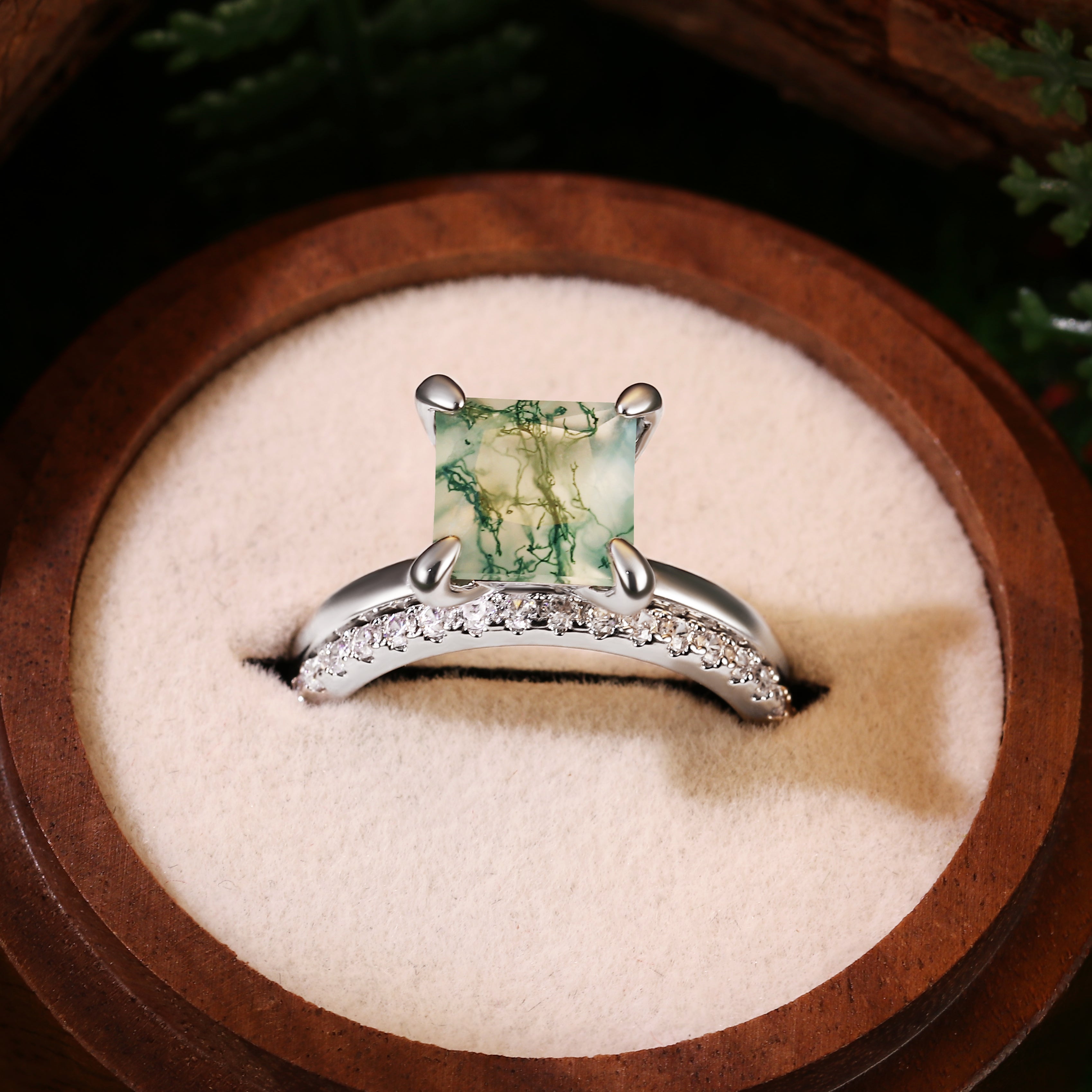 8X8mm Princess Cut Moss Agate Bridal Ring Set for Women, 2PCS Square Green Agate Engagement Ring with Moissanite Band, Nature Inspired Wedding Jewelry