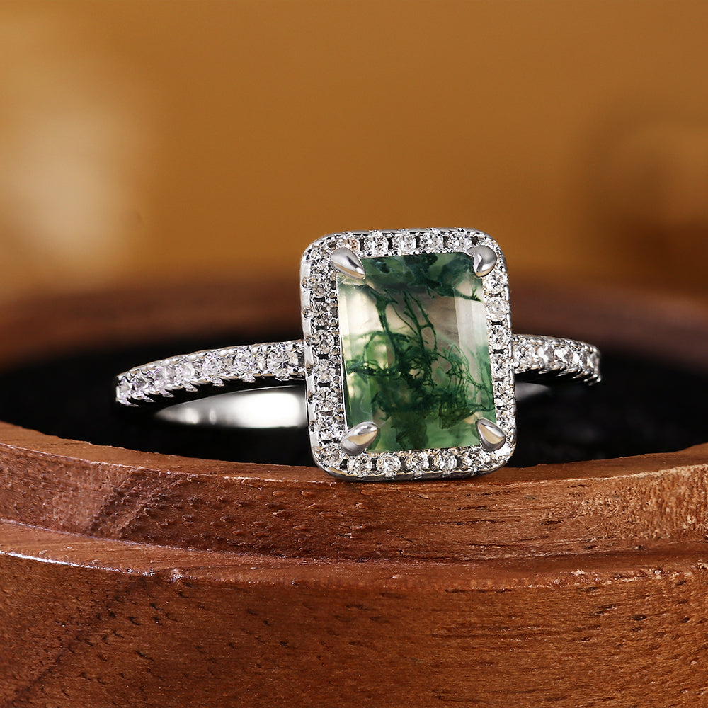Nature Inspired Emerald Cut Moss Agate Halo Engagement Ring