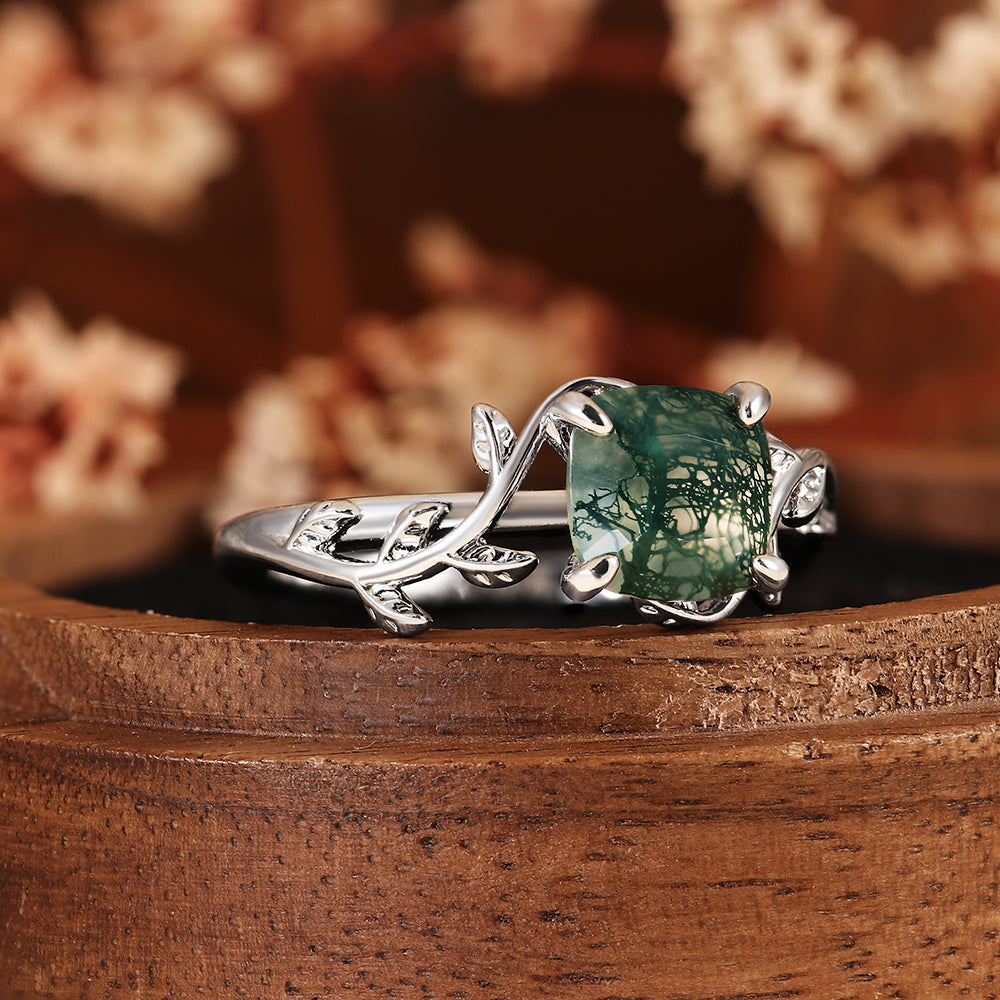 Nature Inspired Leaf Vine Cushion Cut Moss Agate Engagement Ring