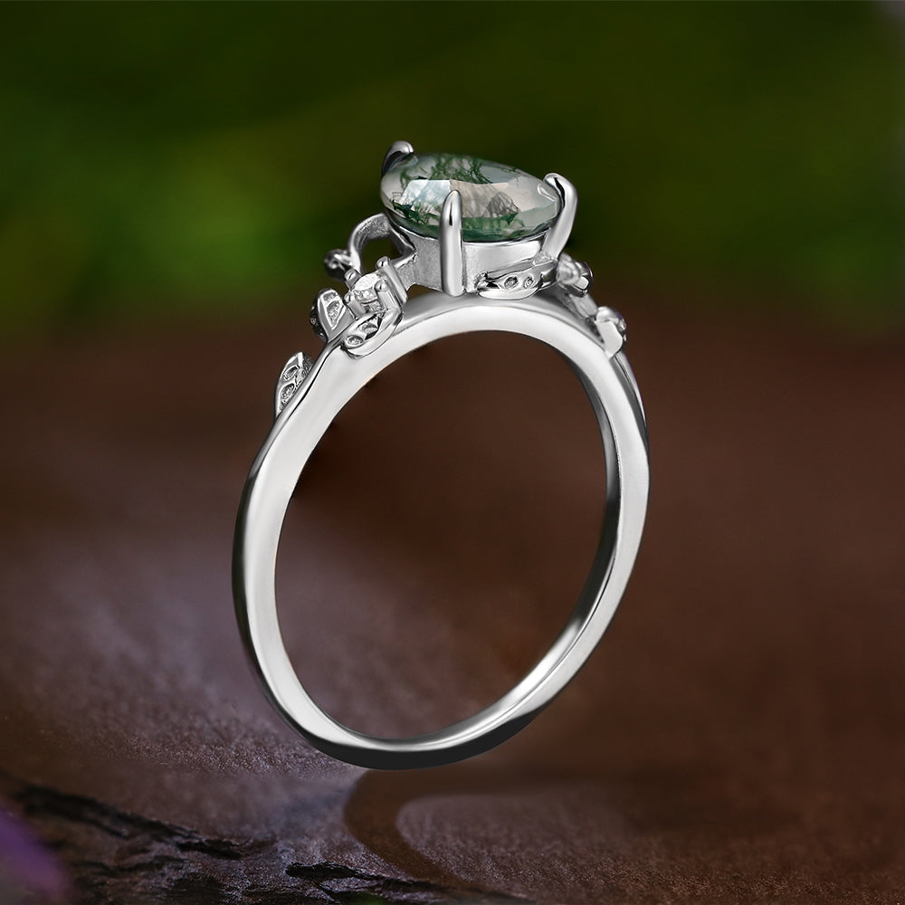 6*8mm Pear Cut Moss Agate  Leaf Leaves Twig Nature Inspired Twisted Engagement Ring