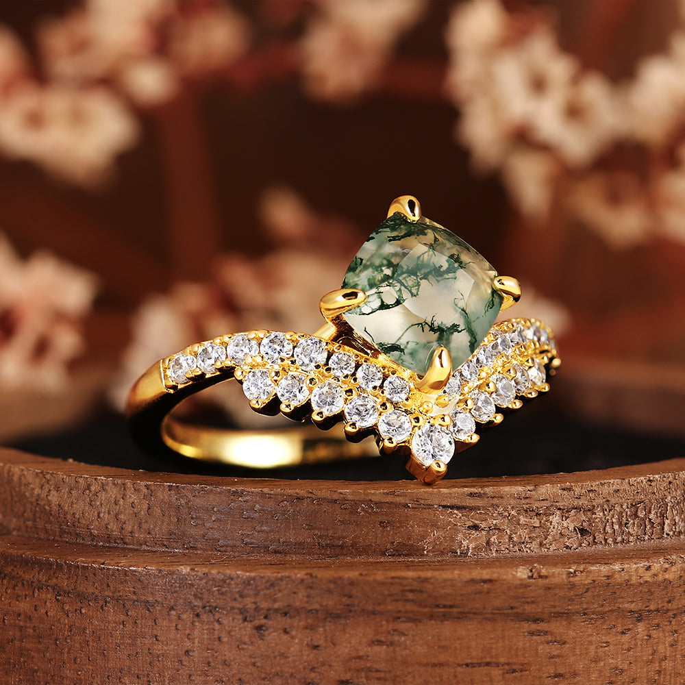 Vintage Natural Cushion Cut Moss Agate Engagement Ring