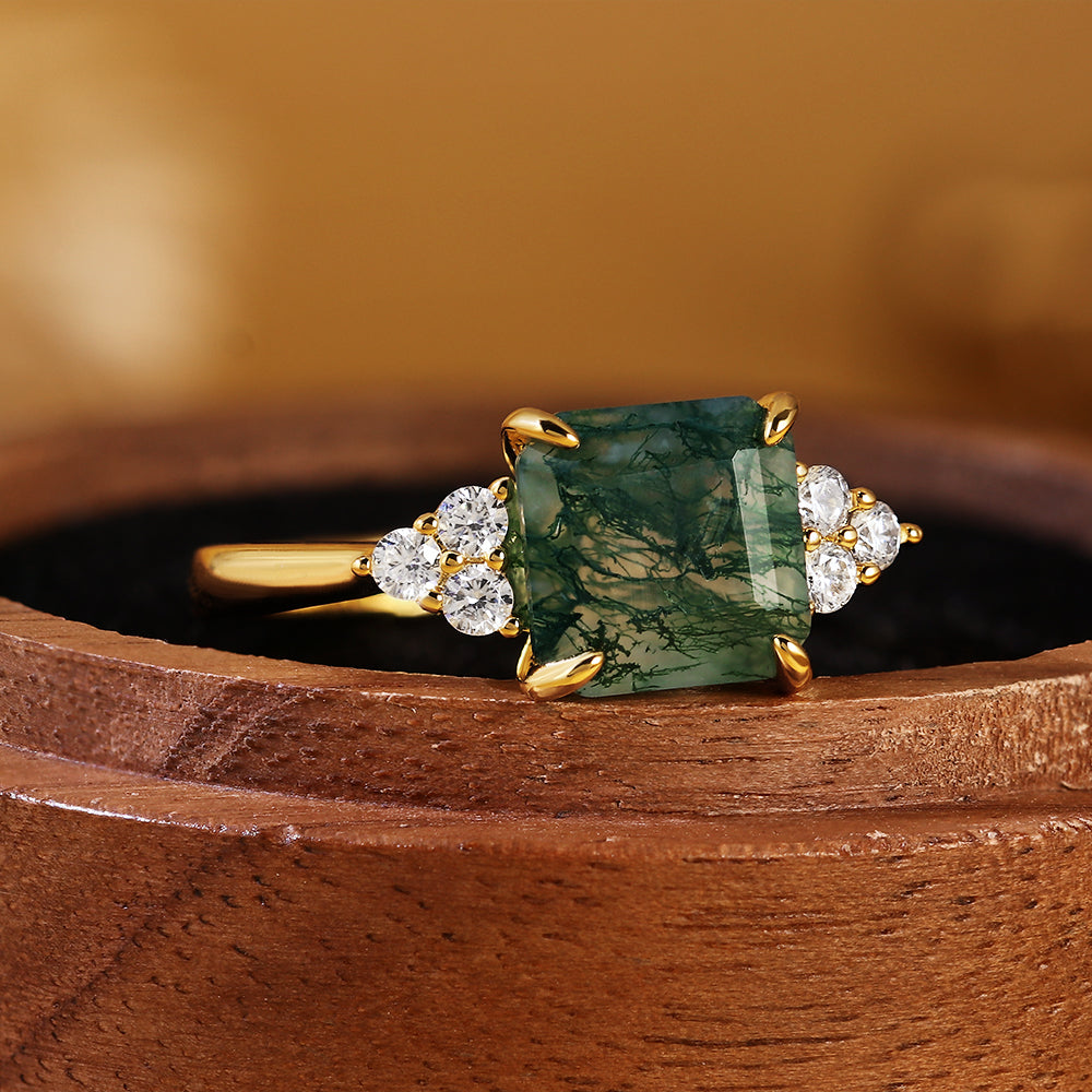 Princess Cut Moss Agate Engagement Ring with Cluster Side Accent Stones
