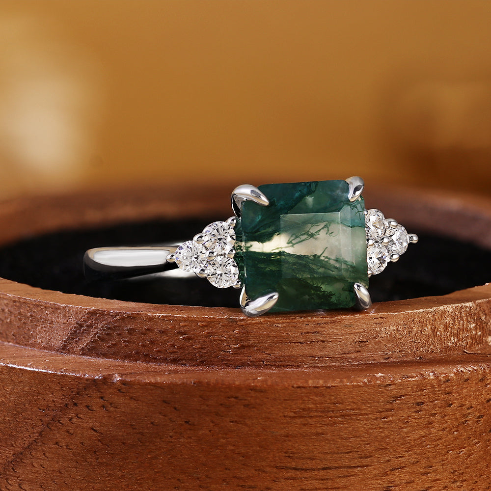 Princess Cut Moss Agate Engagement Ring with Cluster Side Accent Stones