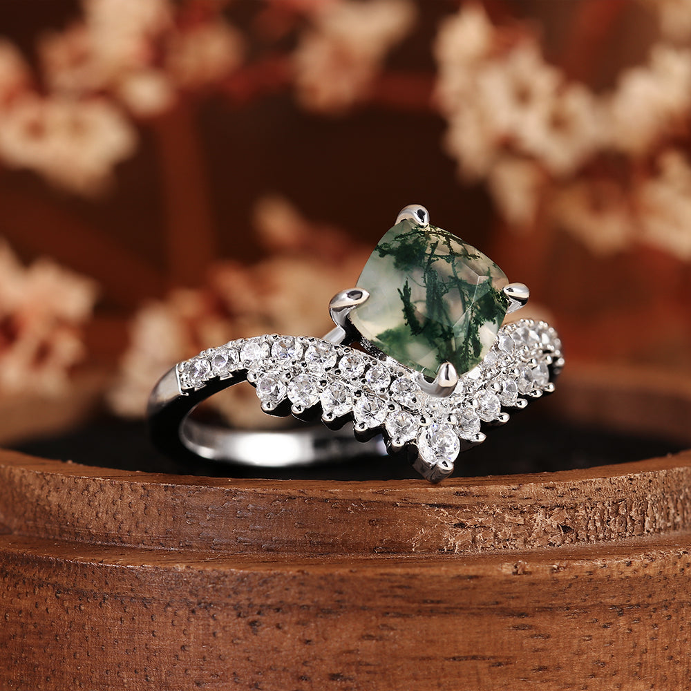 Vintage Natural Cushion Cut Moss Agate Engagement Ring