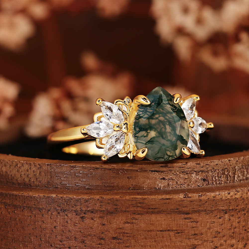 Botanical Pear Cut Moss Agate Vintage Marquise Cluster Leaf Engagement Ring