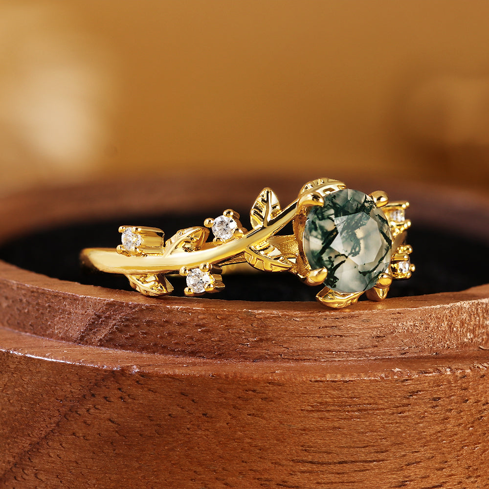 Round Cut Moss Agate Nature Inspired Twig and Leaf Engagement Ring