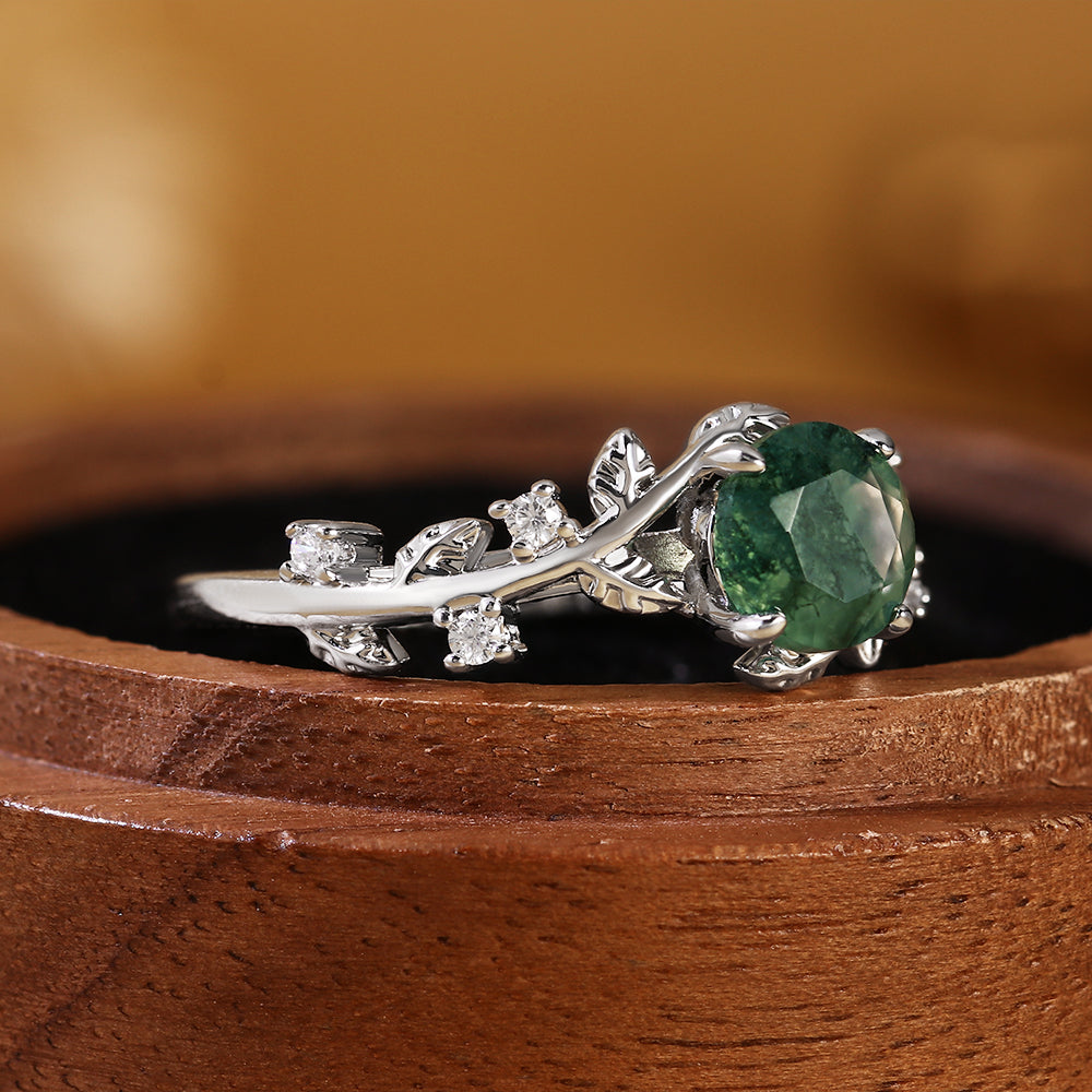 Round Cut Moss Agate Nature Inspired Twig and Leaf Engagement Ring