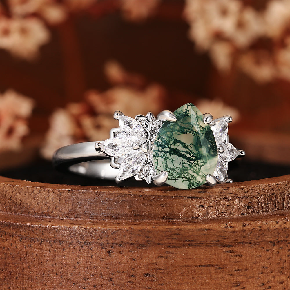 Botanical Pear Cut Moss Agate Vintage Marquise Cluster Leaf Engagement Ring