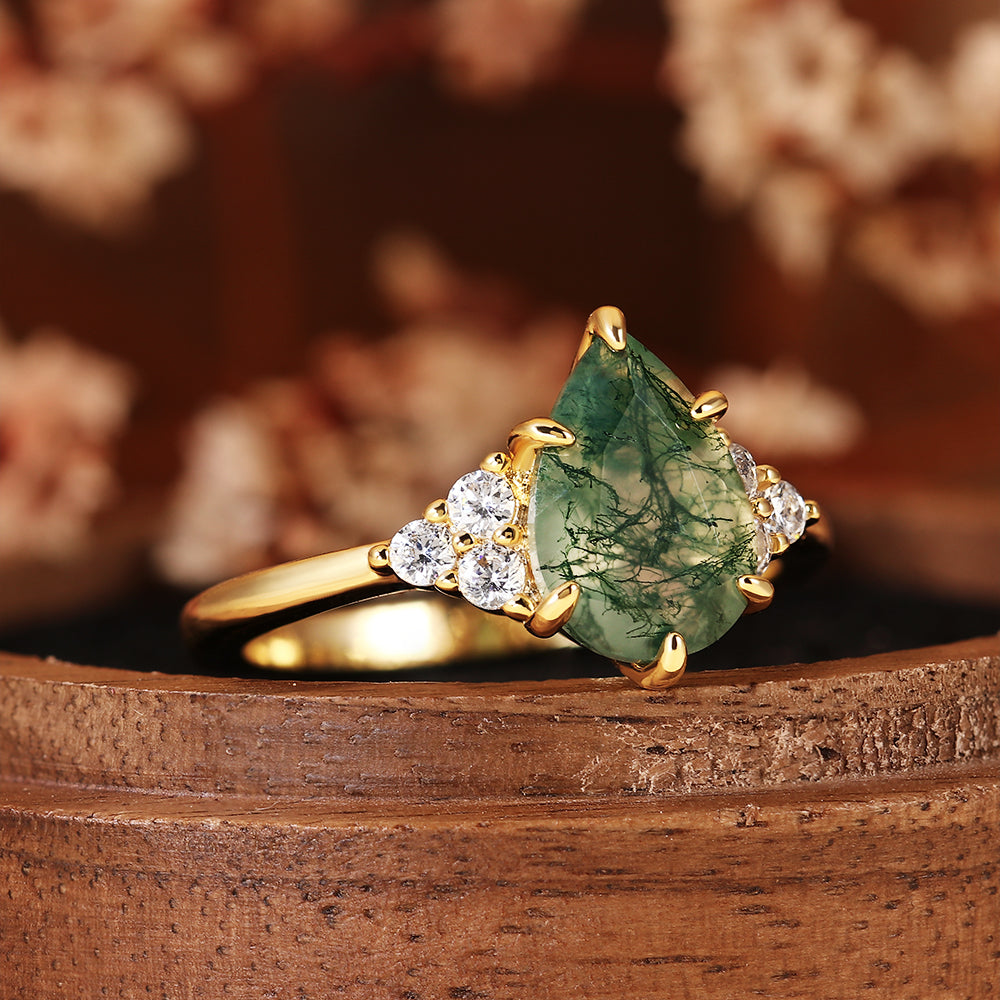 Nature Inspired Unique Pear Cut Moss Agate Vintage Cluster Engagement Ring