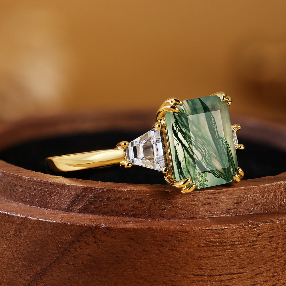 Vintage Emerald Cut Moss Agate Three-Stone Engagement Ring