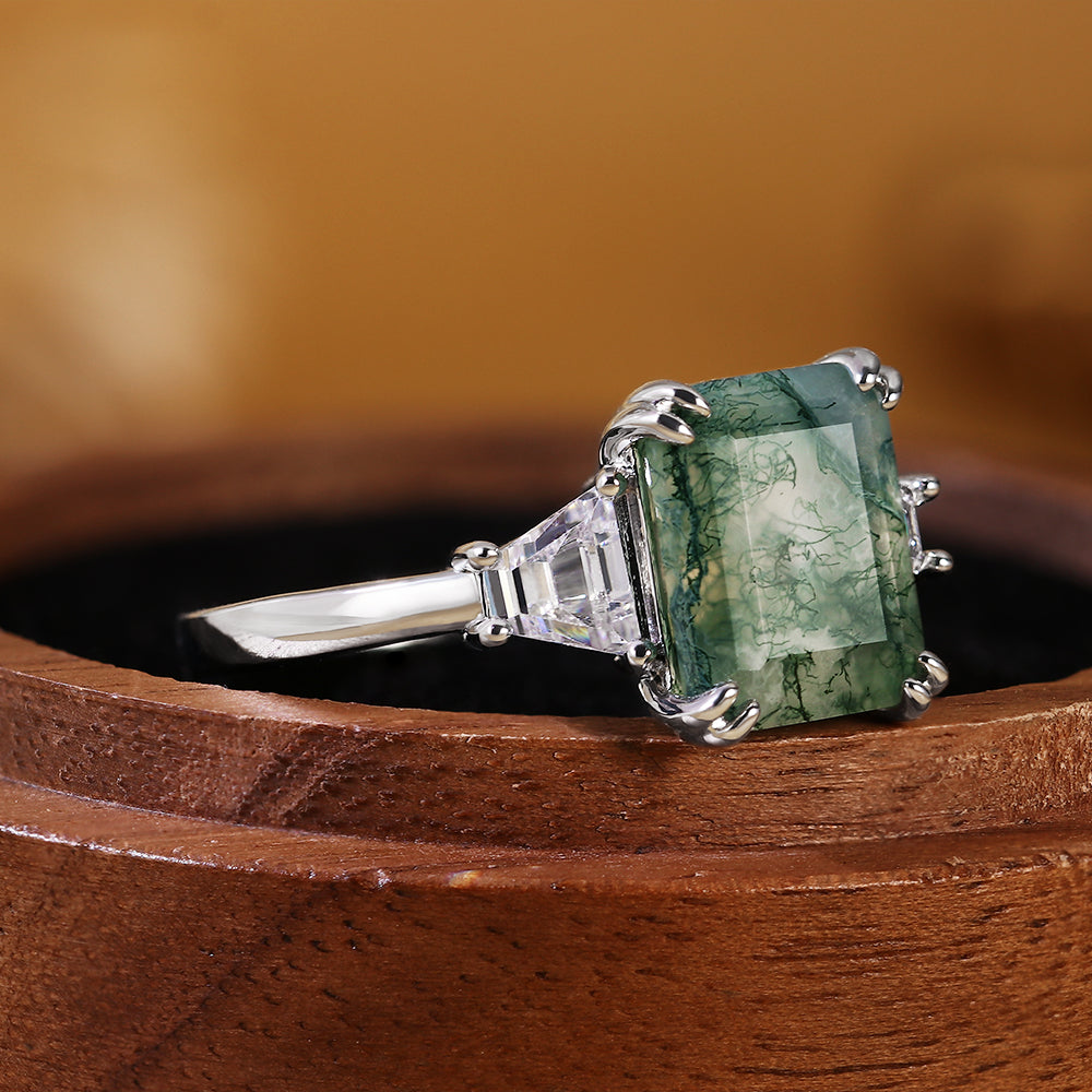 Vintage Emerald Cut Moss Agate Three-Stone Engagement Ring