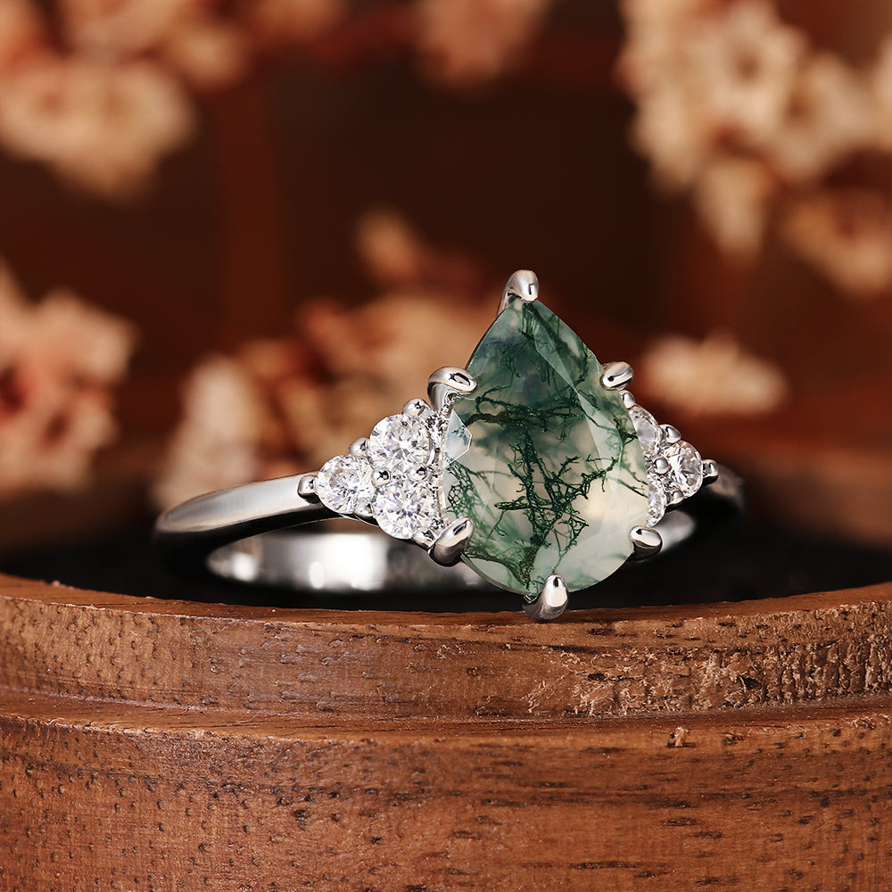 Nature Inspired Unique Pear Cut Moss Agate Vintage Cluster Engagement Ring
