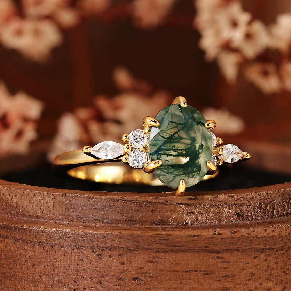 Nature Inspired Oval Cut Moss Agate Cluster Engagement Ring