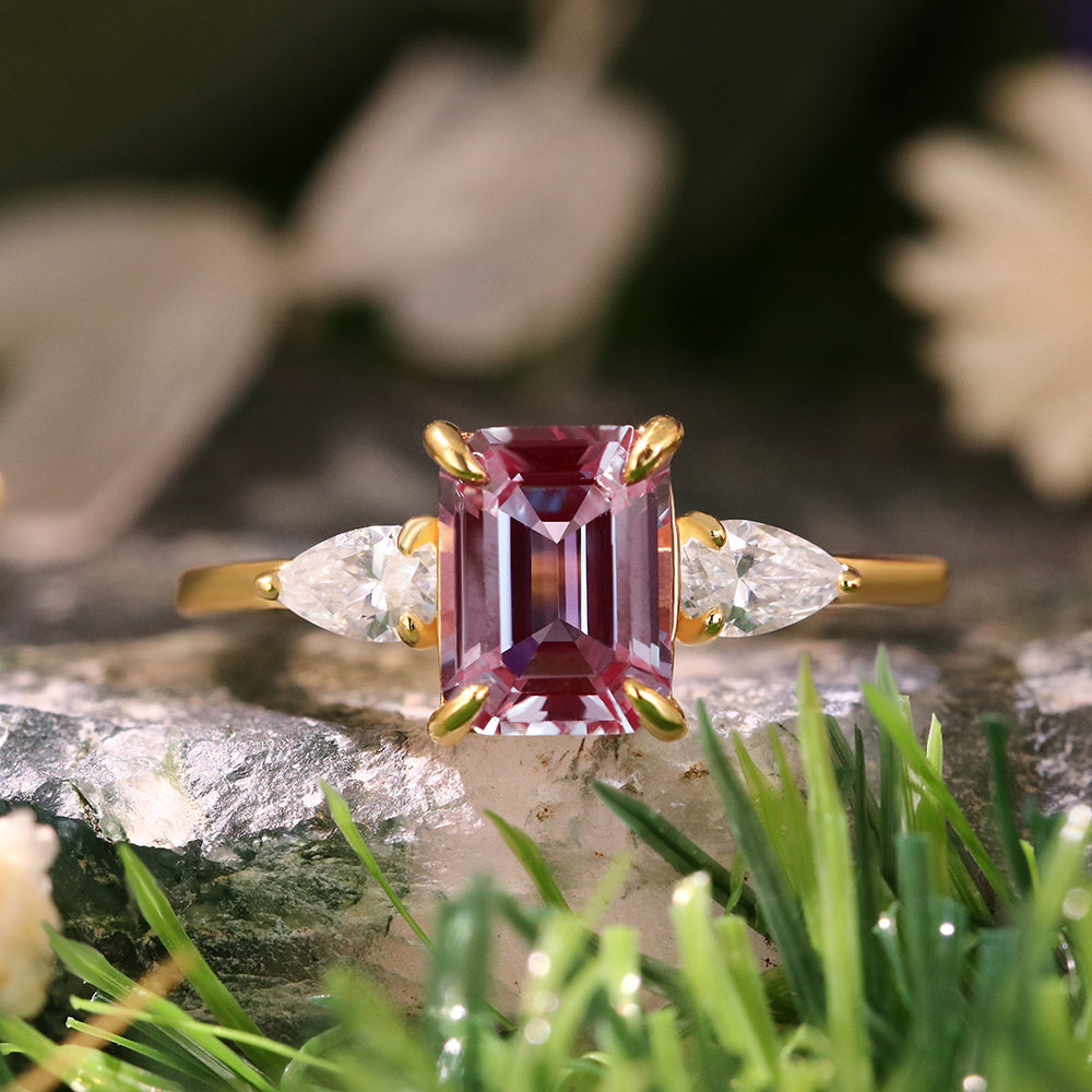 2.23ct Emerald Cut Lab Alexandrite Three Stone Vintage Engagement Ring