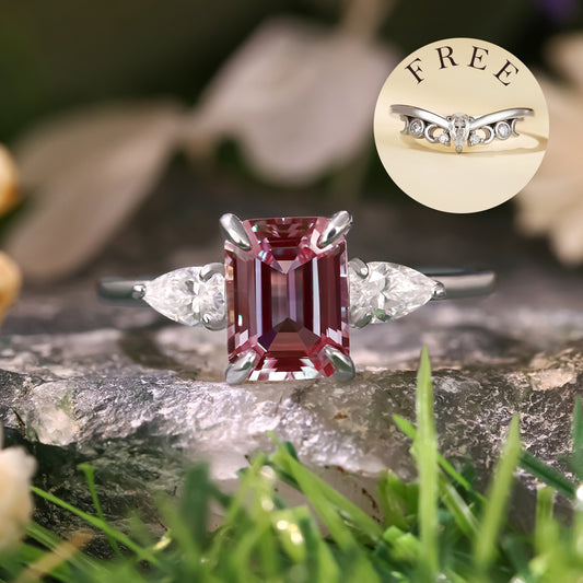 [Buy 1 Get 1 Free]2.42ct Emerald Cut Lab Alexandrite Three Stone Ring Unique Bridal Ring Set