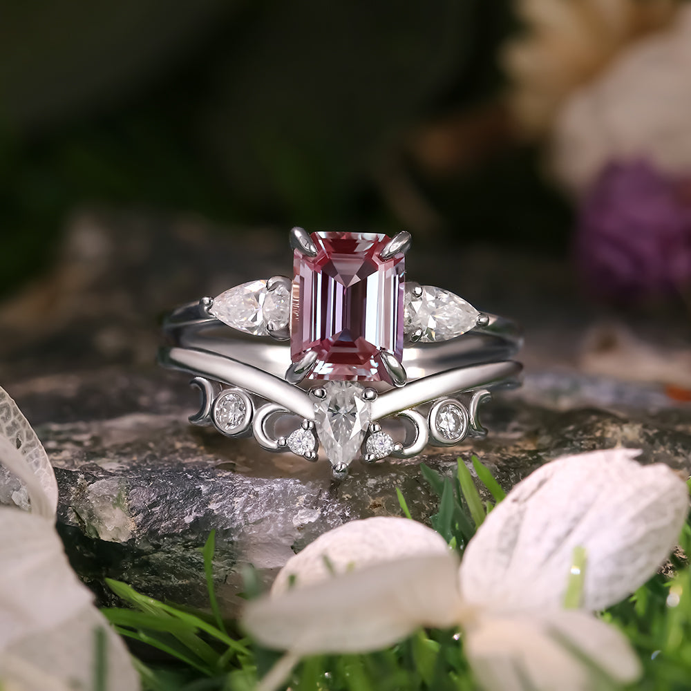 2.42ct Emerald Cut Lab Alexandrite Three Stone Ring Unique Bridal Ring Set