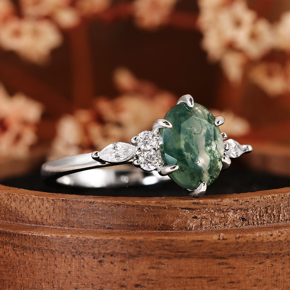 Nature Inspired Oval Cut Moss Agate Cluster Engagement Ring
