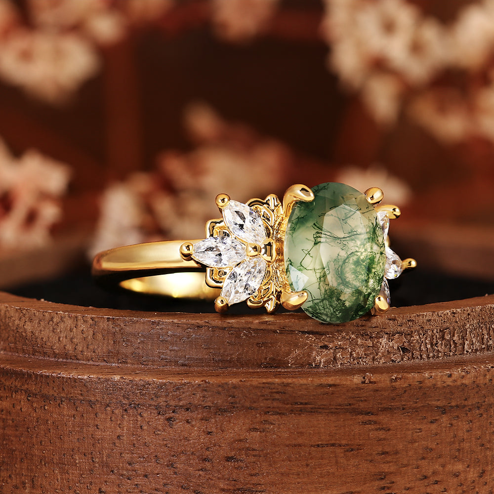Nature Inspired Oval Cut Moss Agate Engagement Ring with Marquise Accent Cluster