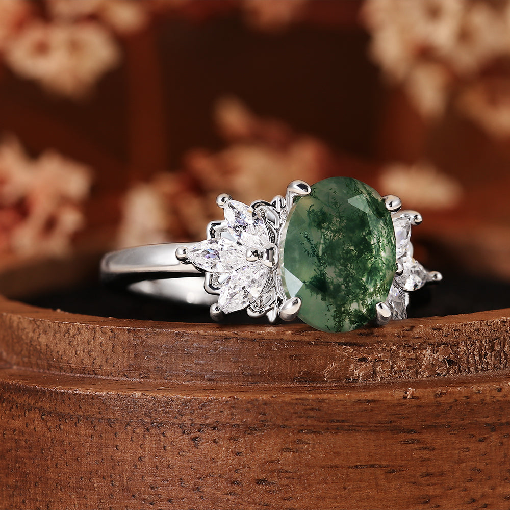 Nature Inspired Oval Cut Moss Agate Engagement Ring with Marquise Accent Cluster