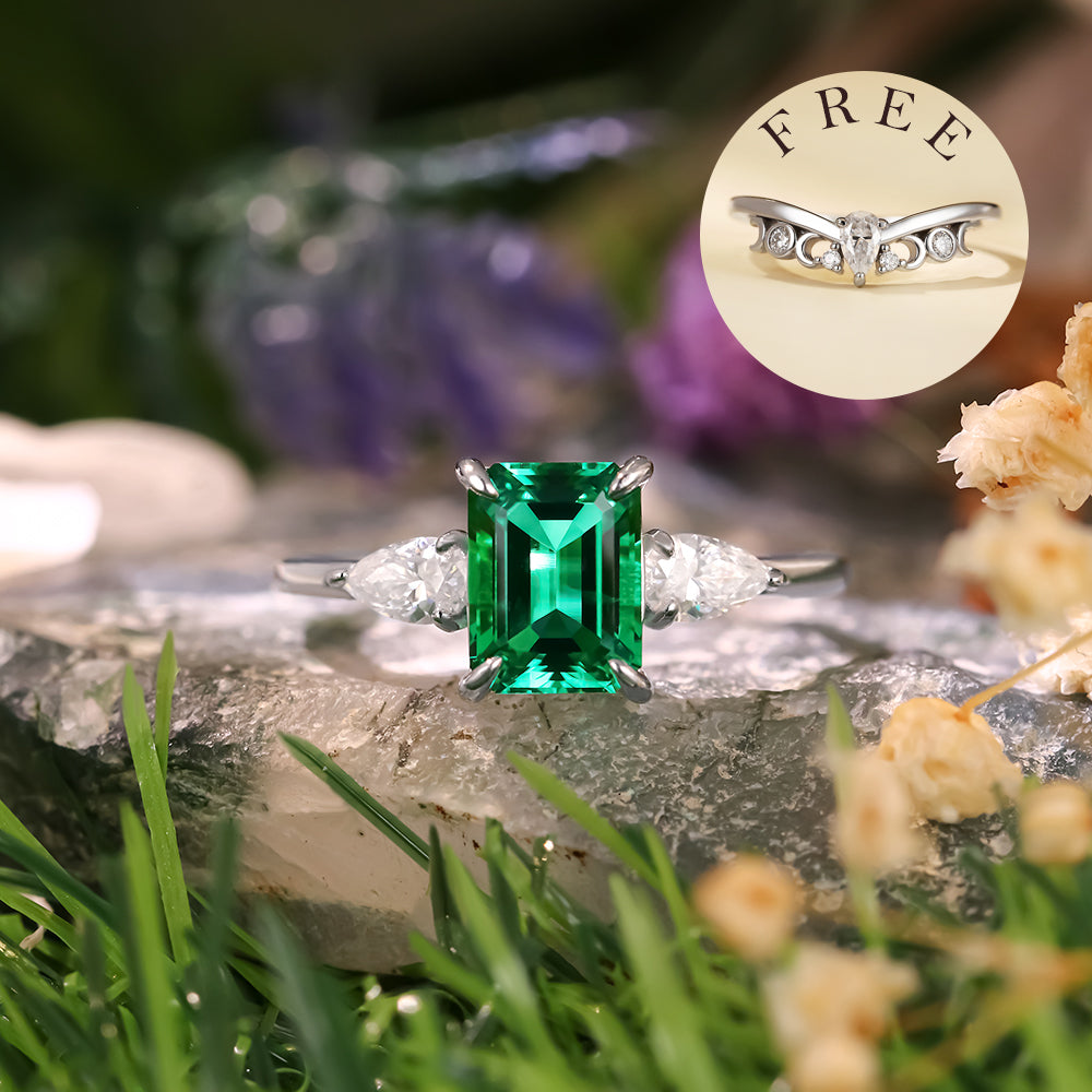 [Buy 1 Get 1 Free]1.87ct Emerald Cut Lab Emerald Three Stone Ring Unique Bridal Ring Set