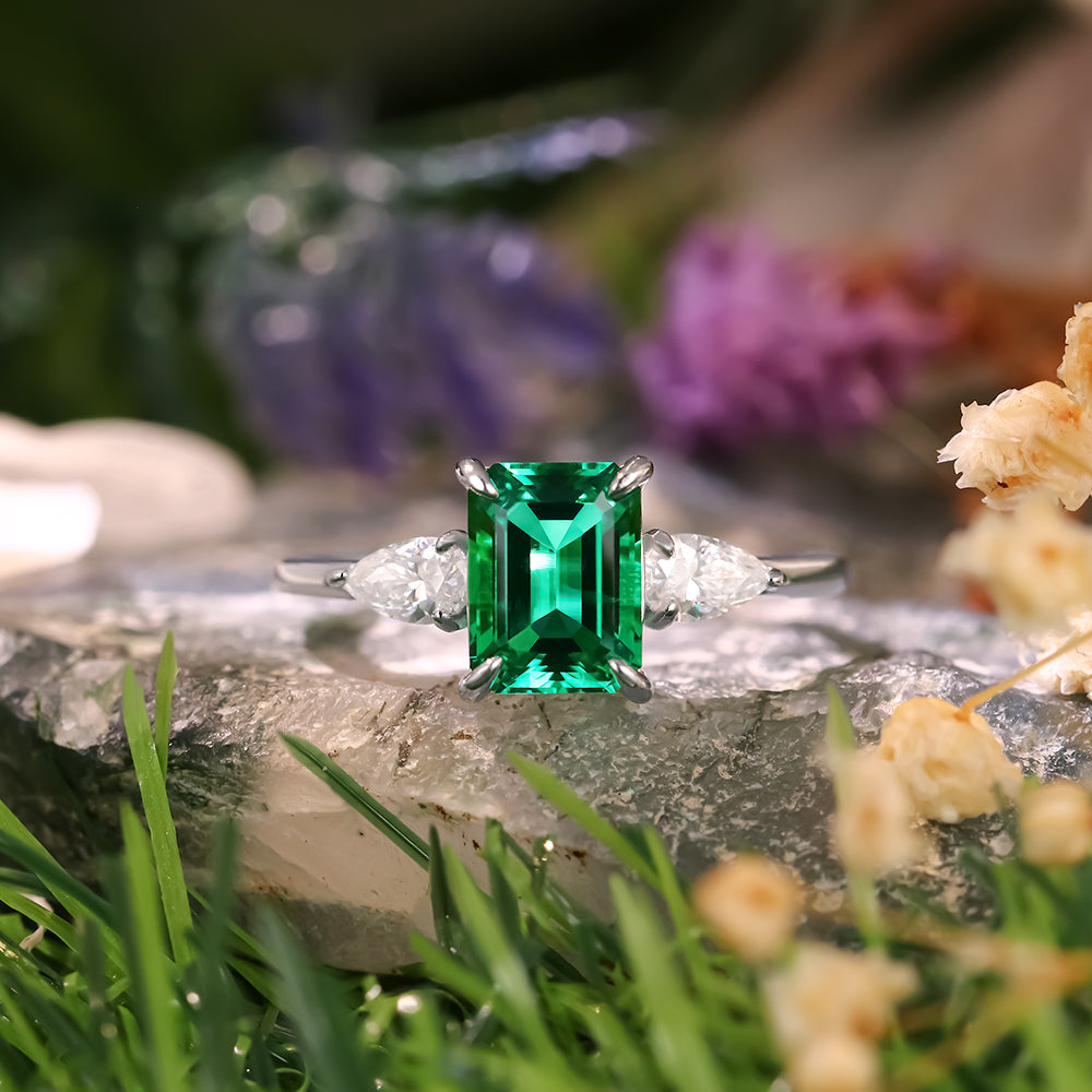 1.87ct Emerald Cut Lab Emerald Three Stone Ring Unique Bridal Ring Set