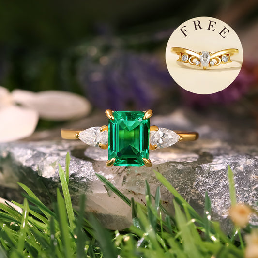 Anillo de compromiso con halo de esmeraldas de laboratorio ovaladas de 1 ct