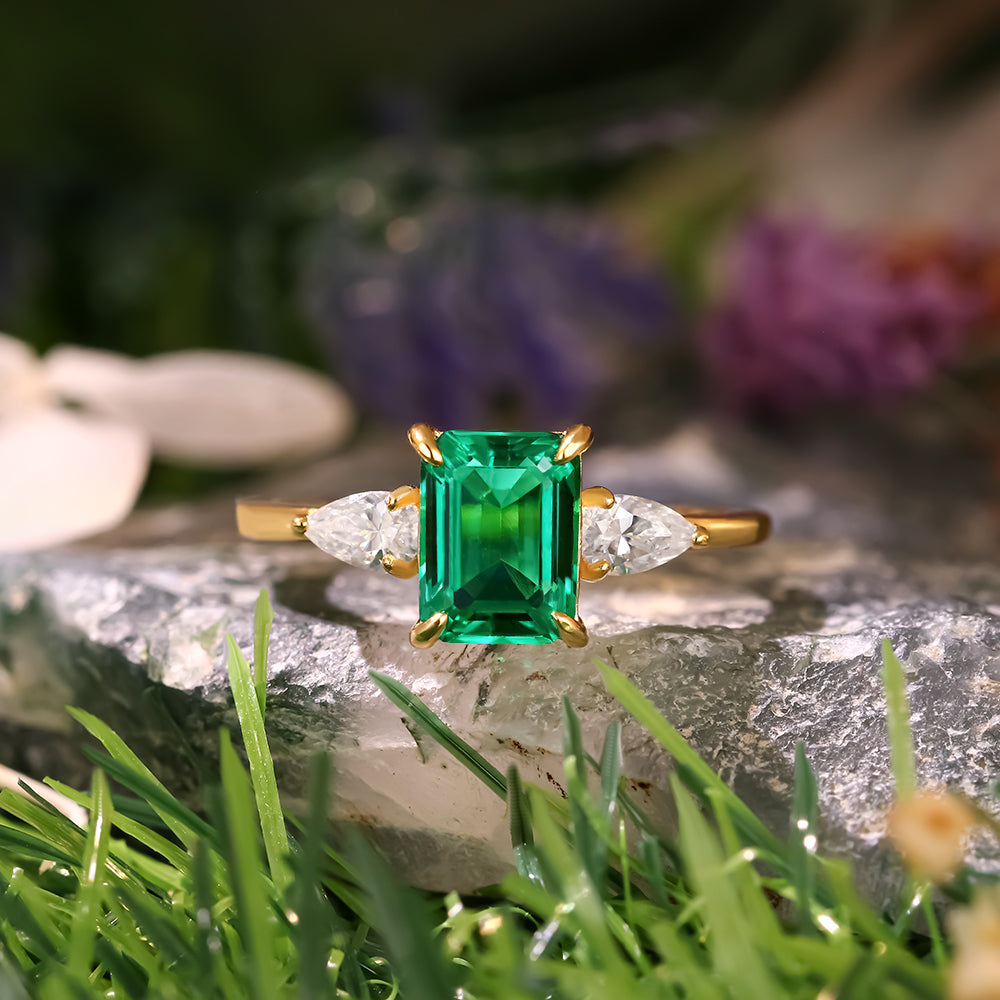 1.68ct Emerald Cut Lab Emerald Three Stone Vintage Engagement Ring