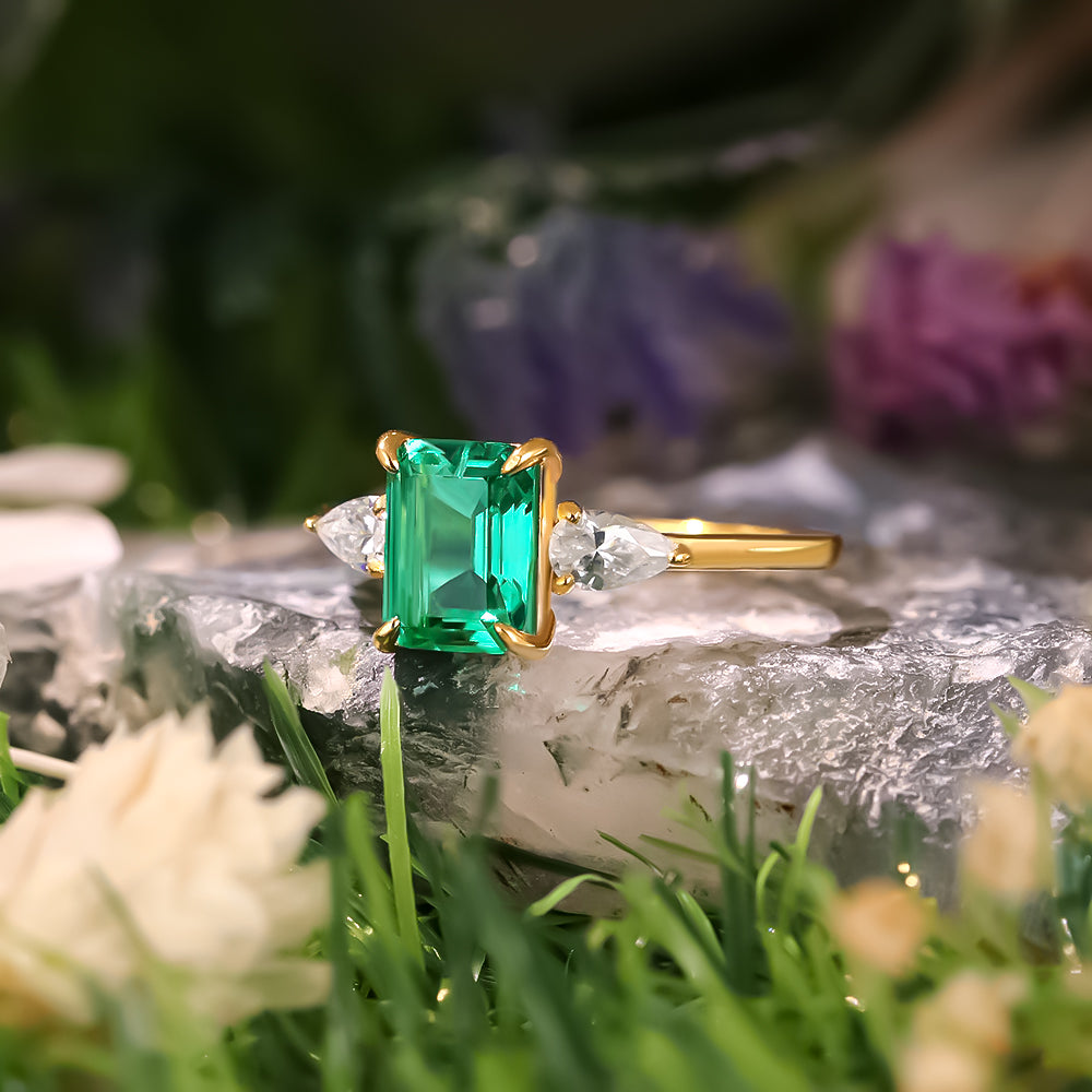 1.68ct Emerald Cut Lab Emerald Three Stone Vintage Engagement Ring