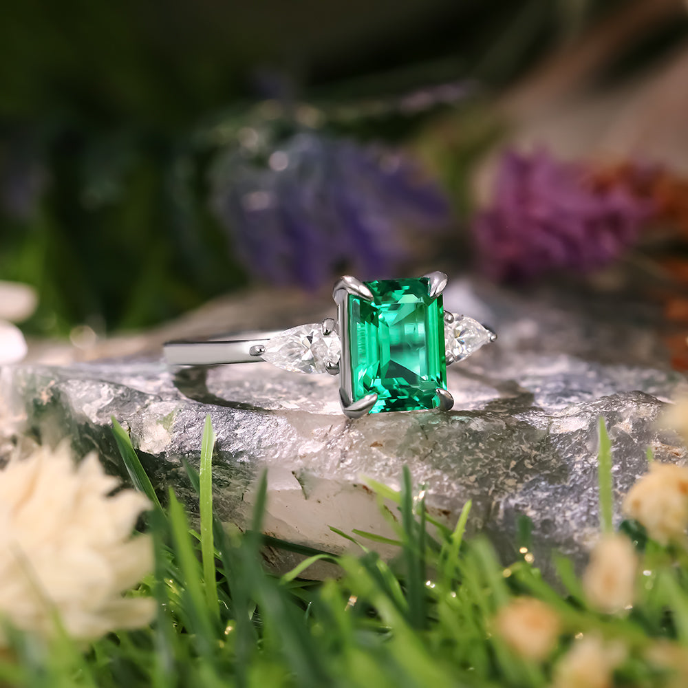 1.68ct Emerald Cut Lab Emerald Three Stone Vintage Engagement Ring