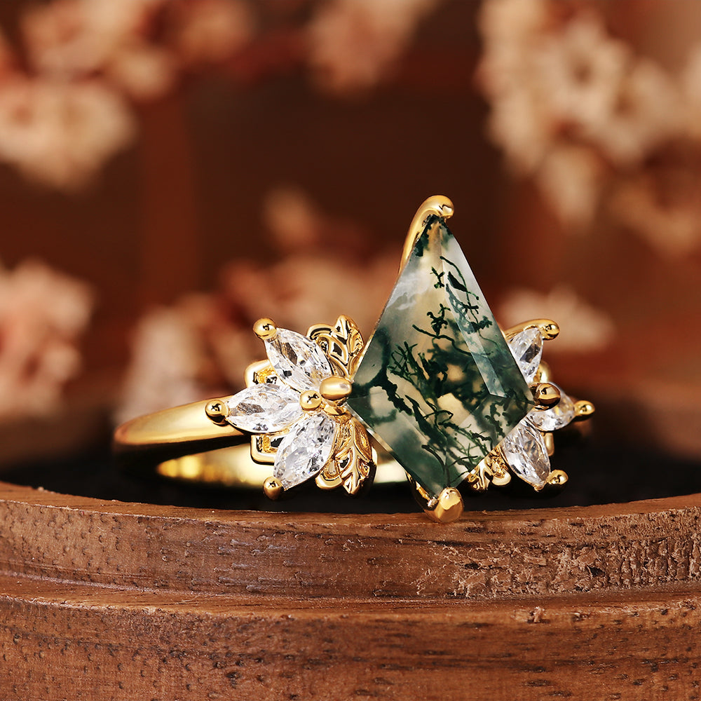 Nature Inspired Kite Cut Moss Agate Vintage Cluster Engagement Ring