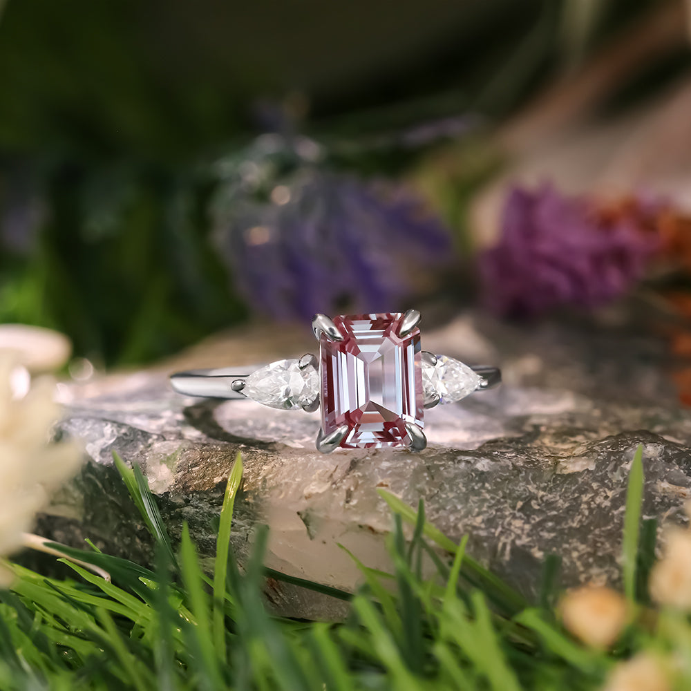 2.23ct Emerald Cut Lab Alexandrite Three Stone Vintage Engagement Ring