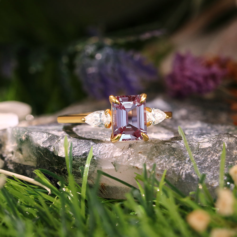 2.23ct Emerald Cut Lab Alexandrite Three Stone Vintage Engagement Ring