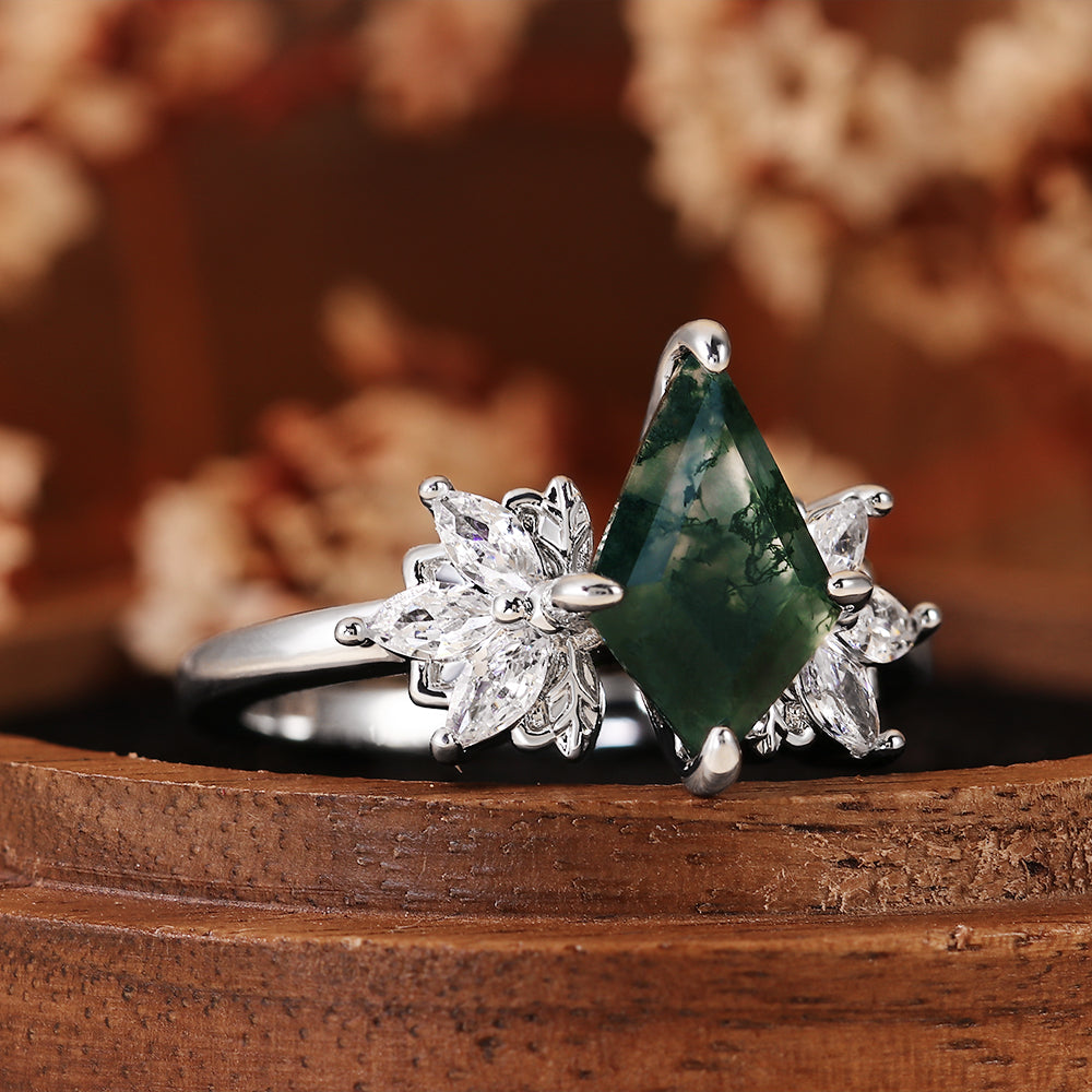 Nature Inspired Kite Cut Moss Agate Vintage Cluster Engagement Ring