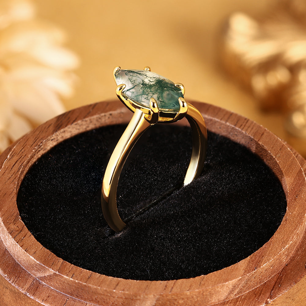 Marquise Cut Moss Agate Unique Nature-Inspired Solitaire Engagement Ring
