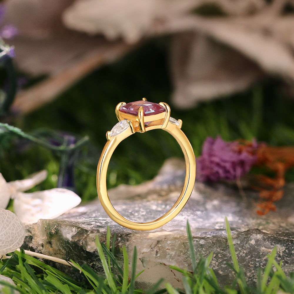 2.23ct Emerald Cut Lab Alexandrite Three Stone Vintage Engagement Ring