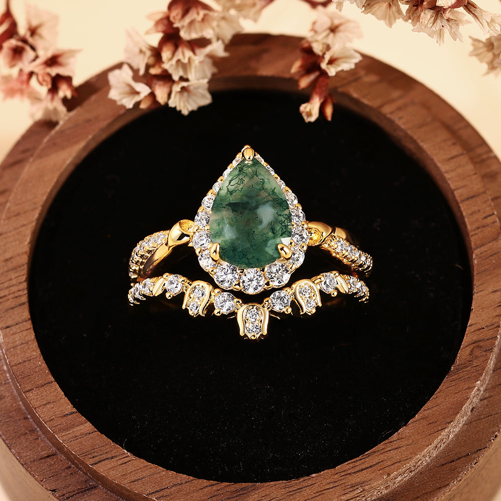 Vintage Pear Cut Moss Agate Unique Nature Inspired Halo Bridal Ring Set