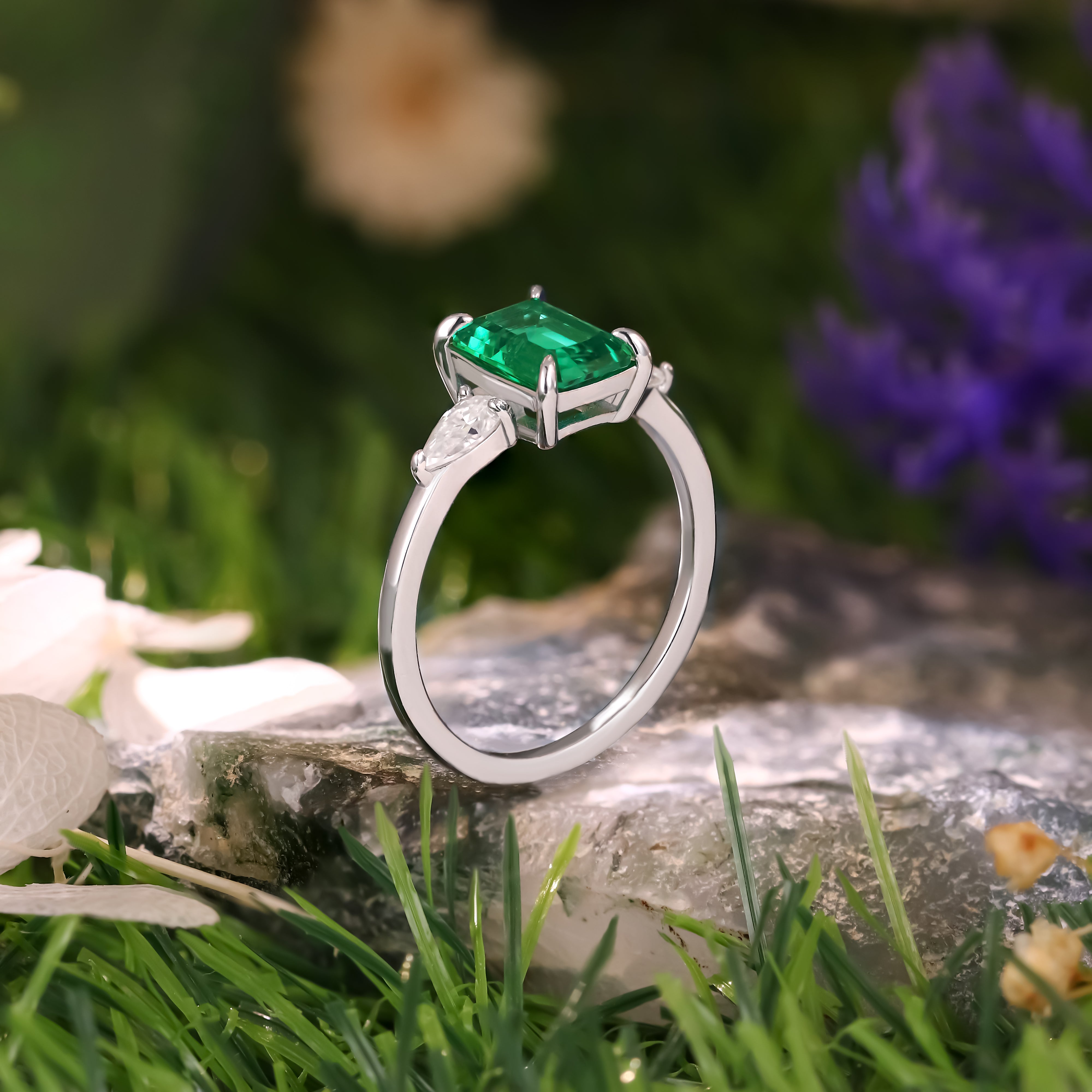 1.68ct Emerald Cut Lab Emerald Three Stone Vintage Engagement Ring