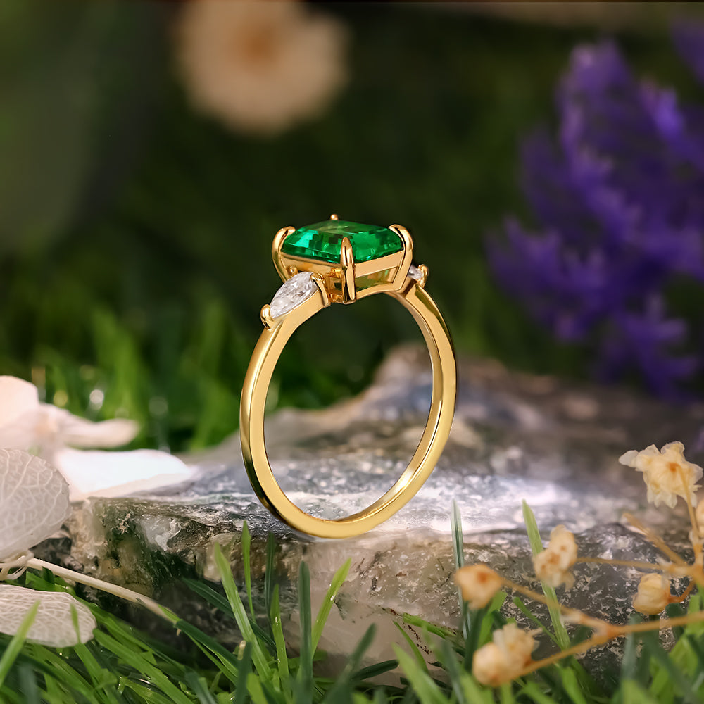 1.68ct Emerald Cut Lab Emerald Three Stone Vintage Engagement Ring