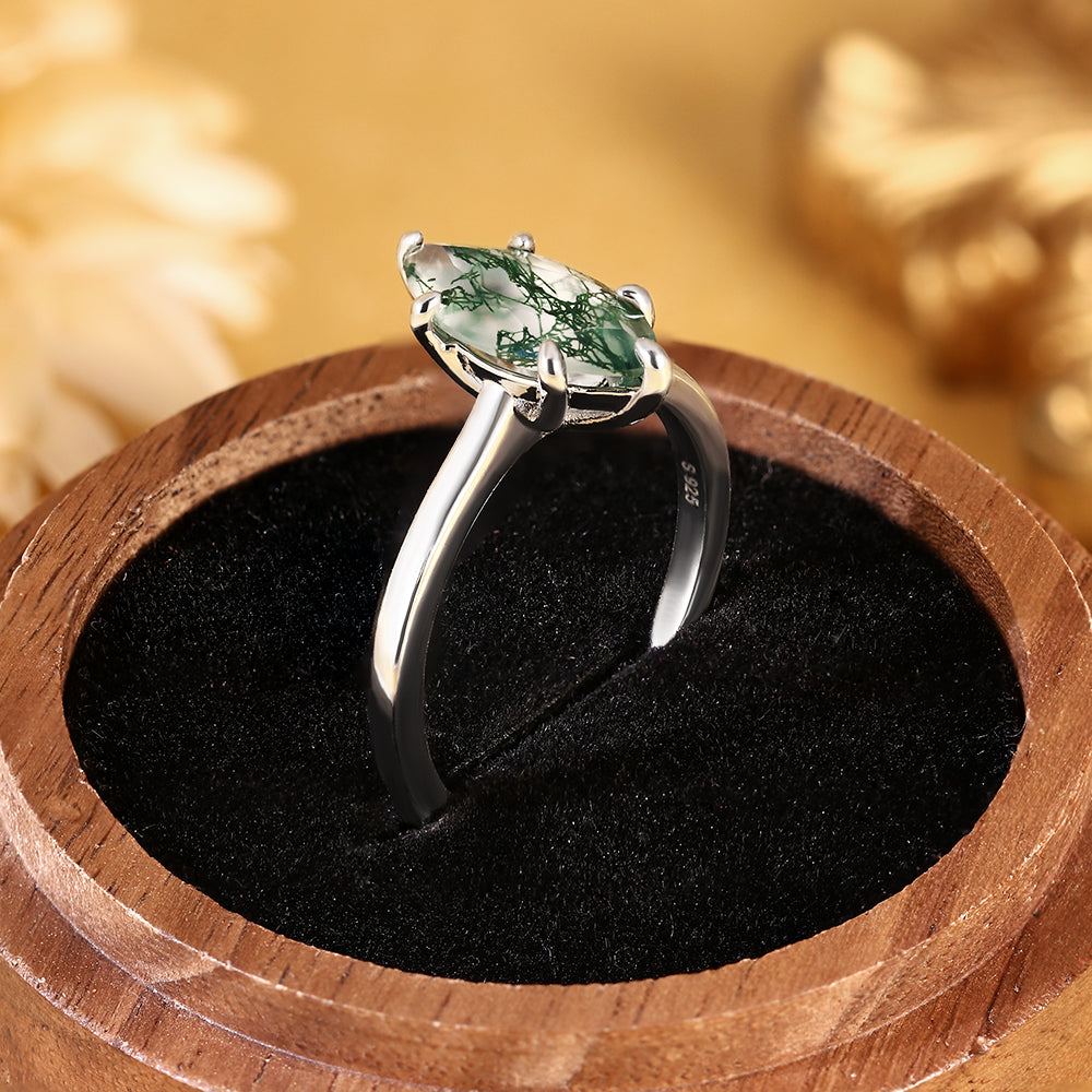 Marquise Cut Moss Agate Unique Nature-Inspired Solitaire Engagement Ring