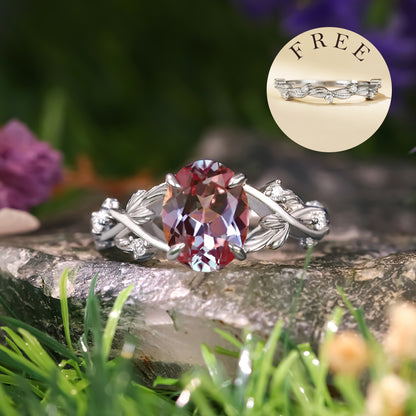 [Buy 1 Get 1 Free]2.16 ct Oval Cut Lab Alexandrite Accents Engagement Ring Nature Inspired Leaf Branch Twist Bridal Ring Set