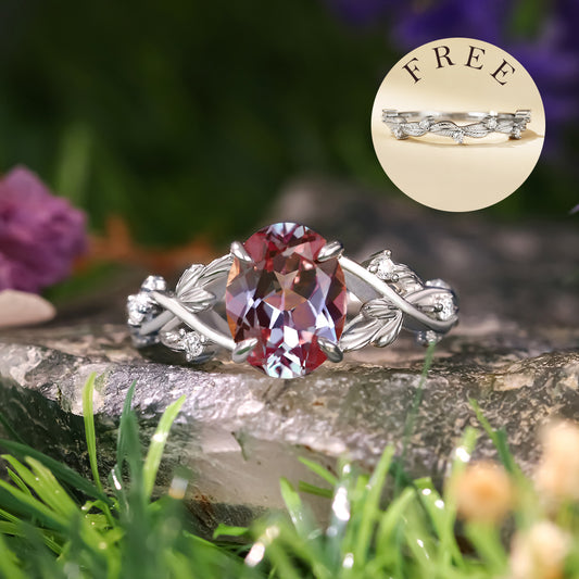 [Buy 1 Get 1 Free]2.16 ct Oval Cut Lab Alexandrite Accents Engagement Ring Nature Inspired Leaf Branch Twist Bridal Ring Set