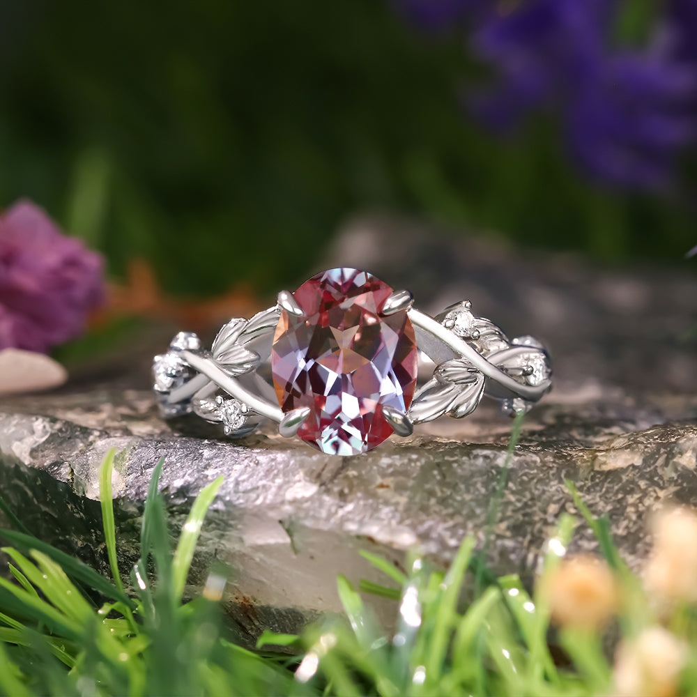 [Buy 1 Get 1 Free]2.16 ct Oval Cut Lab Alexandrite Accents Engagement Ring Nature Inspired Leaf Branch Twist Bridal Ring Set