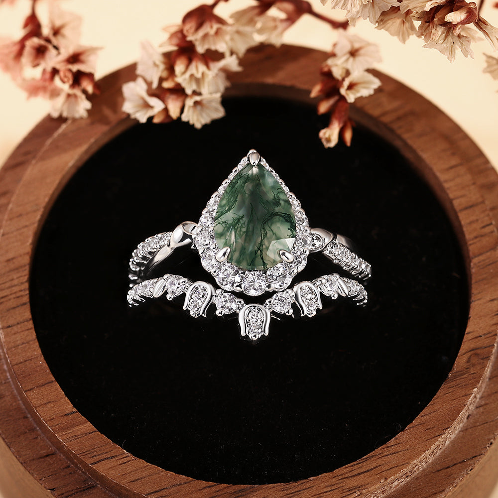 Vintage Pear Cut Moss Agate Unique Nature Inspired Halo Bridal Ring Set