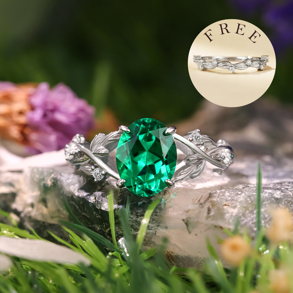 [Buy 1 Get 1 Free]1.98 ct Oval Cut Lab Emerald Accents Engagement Ring Nature Inspired Leaf Branch Twist Bridal Ring Set
