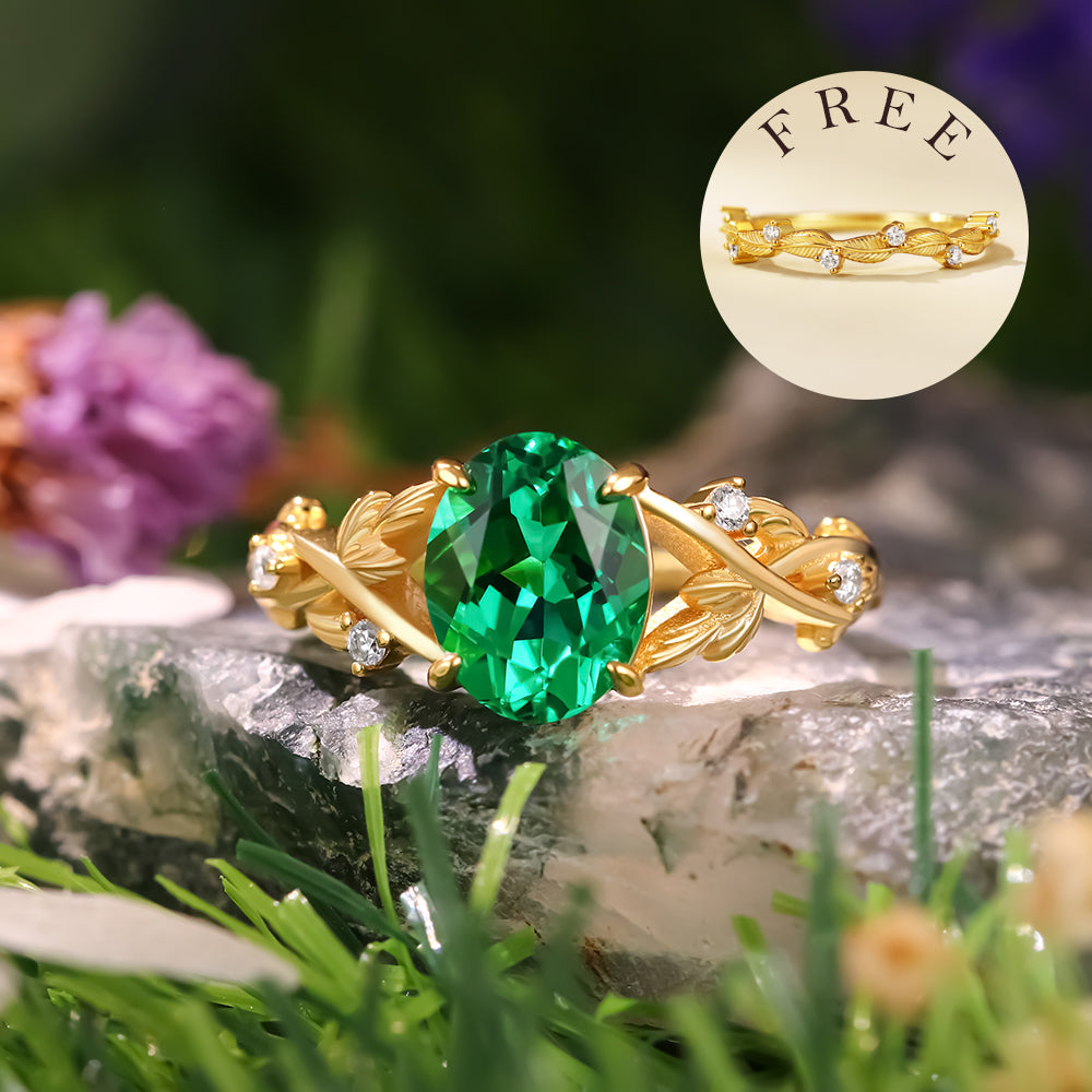 [Buy 1 Get 1 Free]1.98 ct Oval Cut Lab Emerald Accents Engagement Ring Nature Inspired Leaf Branch Twist Bridal Ring Set