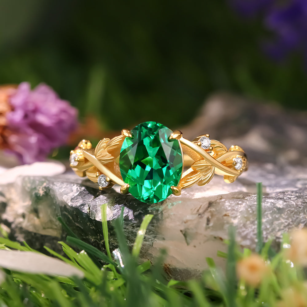 1.88 ct Oval Cut Lab Emerald Accents Nature Inspired Leaf Branch Twist Engagement Ring