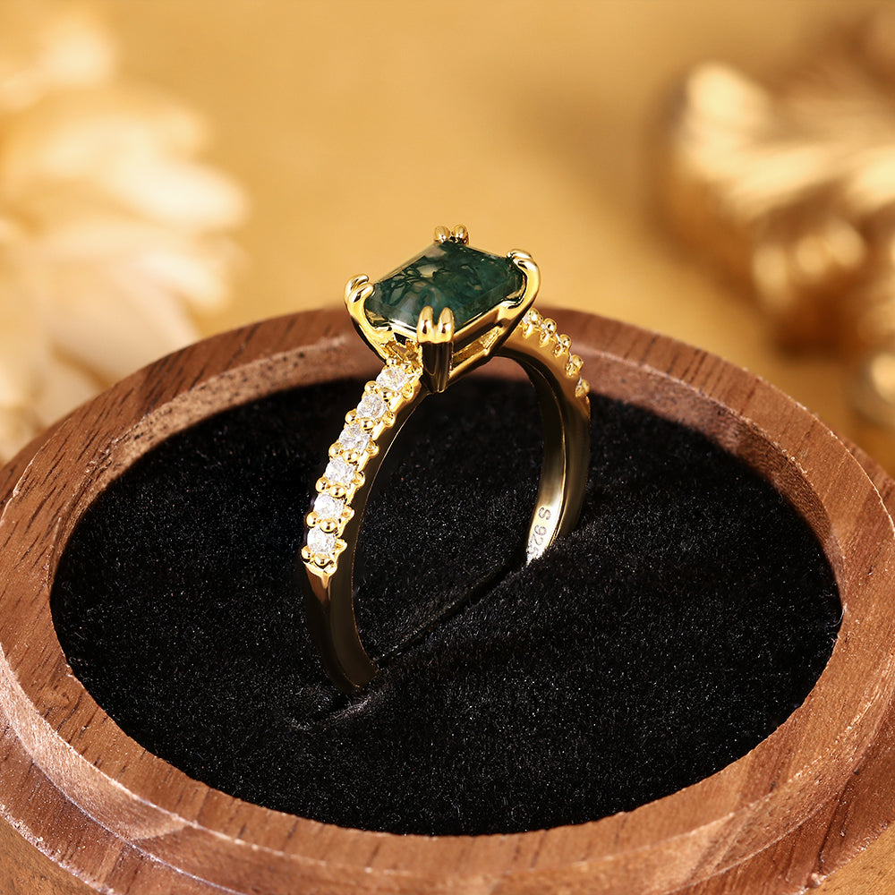 Vintage Inspired Emerald Cut Moss Agate Engagement Ring