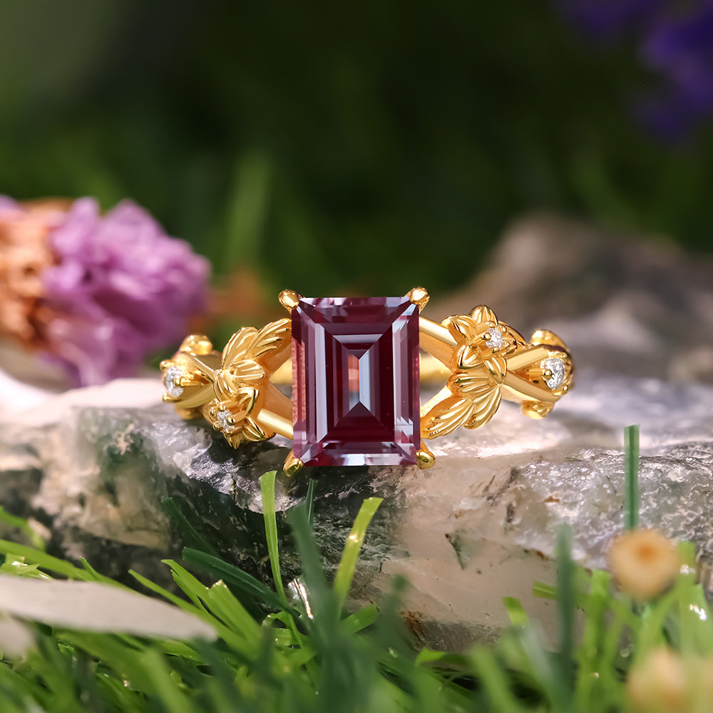 1.79 ct Emerald Cut Lab Alexandrite Nature Inspired Floral And Leaf Twist Engagement  Ring